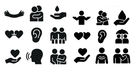 Empathy and support solid icons set – filled, care, and community symbols