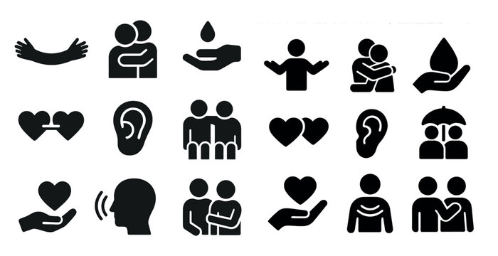 Empathy and support solid icons set – filled, care, and community symbols