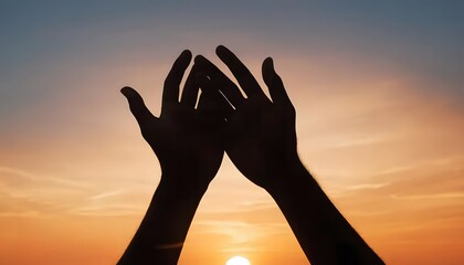 Silhouetted Hands Reaching Towards Sunset: A Prayerful Pose