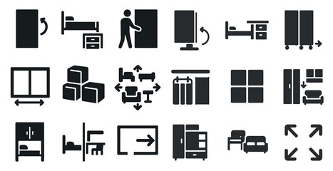 Furniture arrangement solid icons set – interior, home decor, layout symbols