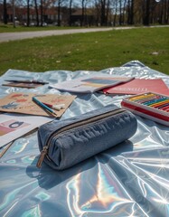 Denim diy  Pencil Case and Crayons in a Park
