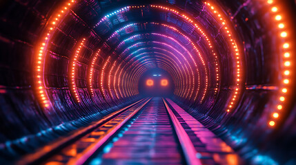 Obraz premium Futuristic Neon-Lit Train Tunnel Abstract Journey Through Vibrant Light and Shadow