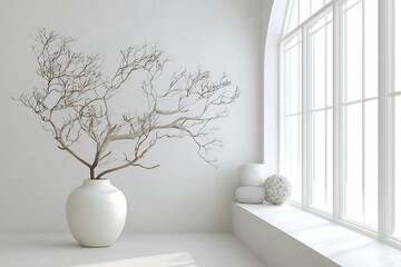 White Minimalist Interior Featuring Branch in Vase  
