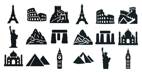 World monuments silhouette icons set – solid, filled, historical landmarks symbols