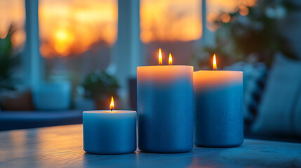 Three Teal Candles Burning at Sunset