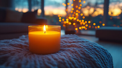 Lit Candle on Cozy Knit Throw in Evening Living Room with Bokeh Lights