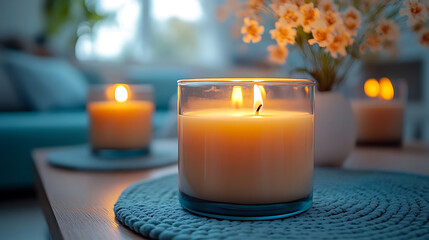 Lit Candles on Teal Placemat in Cozy Living Room