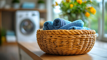 Freshly Laundered Blue Towels in a Wicker Basket near a Washing Machine