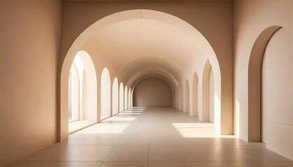 Naklejka premium Serene Architectural Corridor: Arches, Light, and Shadow in Minimalist Design