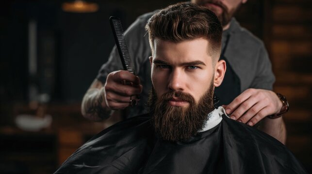 Confident bearded man client gets fresh modern hair and beard style at a professional barbershop. Skilled barber uses a comb to shape customer's look.