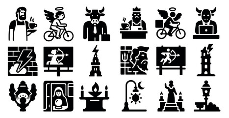 Obraz premium Coffee culture solid icons set – filled, cafe, beverage symbols for barista design
