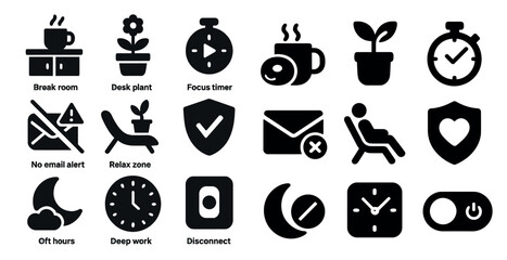 Office break room solid icons set – silhouette, filled, work productivity symbols