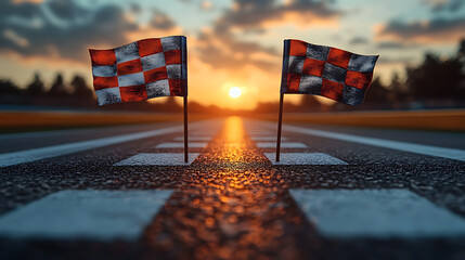 Checkered Flags at Sunset on a Race Track
