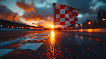 Checkered Flag at Sunset on a Wet Race Track