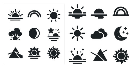 Weather and nature solid icons set – filled, silhouette, natural symbols