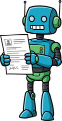 Obraz premium Friendly blue and green robot holding a paper document with antennae and smiling face in cartoon style