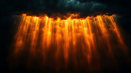 Fiery Golden Light Beams Erupting from Dark Storm Clouds