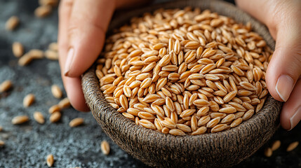 Hands Holding Bowl of Organic Spelt Grains