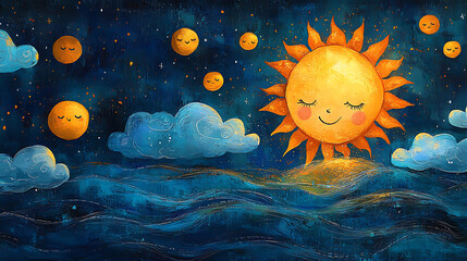 Sleepy Sun Over Calm Ocean A Whimsical Children's Illustration
