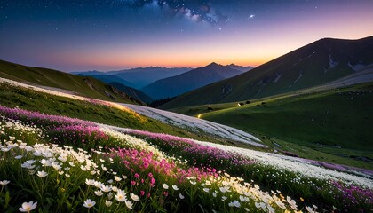 Obraz premium Scenic Mountain Meadow with Wildflowers at Night