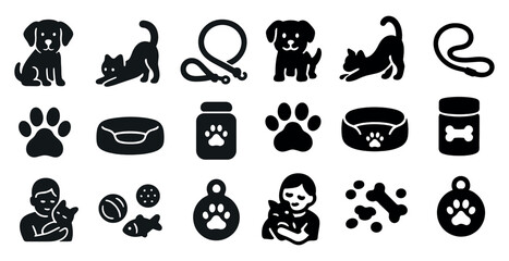 Obraz premium Pet care solid icons set – filled, silhouette, animal and veterinary symbols