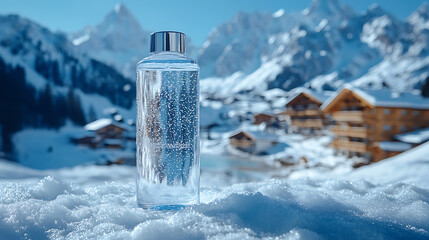 Sparkling Water Bottle in Snowy Alpine Village