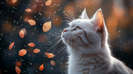 Serene White Cat Gazing at Falling Autumn Leaves in Winter Snow