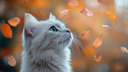 Fluffy Cat Gazing at Falling Autumn Leaves