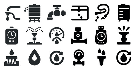 Water irrigation solid icons set – filled, plumbing, agriculture symbols