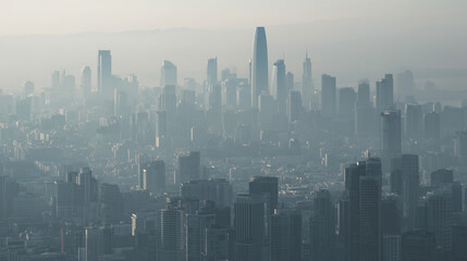 Fototapeta premium Smog covers a city, skyscrapers barely visible through thick gray air, with the skyline fading into pollution’s heavy mist and haze.