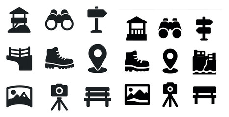 Travel and adventure solid icons set &ndash; silhouette, filled, outdoor exploration symbols