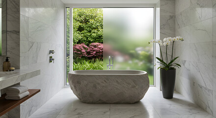 Modern bathroom design with stone bathtub and marble tiles in luxury home interior space decor idea