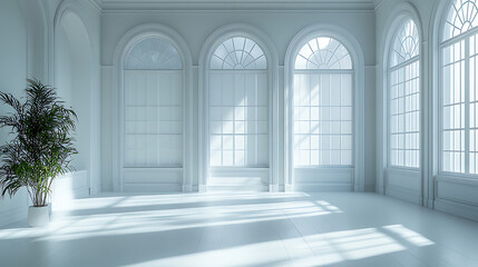 Sunlit Elegant Room with Arch Windows and Potted Plant
