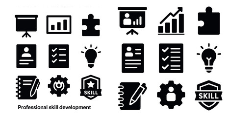 Professional skill development icons set – solid, filled, career and training symbols