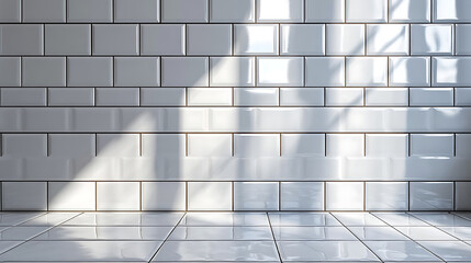 Sunlit White Subway Tile Wall and Floor Background