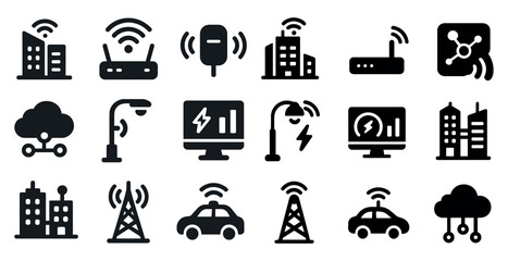 Smart city and connectivity icons set &ndash; filled, solid, tech and network symbols