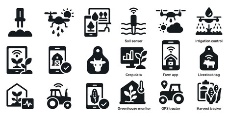 Smart farming solid icons set – agriculture, irrigation, and crop monitoring symbols
