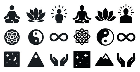 Wellness and meditation silhouette icons set – holistic, calm, mindfulness symbols