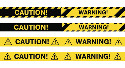 Fototapeta premium Vector illustration of set of yellow and black caution and warning tape with text and hazard symbols, isolated on white background