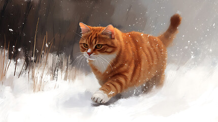 Ginger Cat Walking in Winter Snow