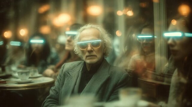 Lonely man wearing augmented reality goggles in a caf&eacute;, surrounded by immersed patrons also wearing the same goggles, evoking a sense of isolation and introspection.