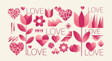 Vector illustration of modern abstract design with pink hearts, tulips, and the word love in a repeating pattern