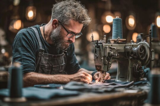 A bearded man with glasses focused on stitching fabric with an old sewing machine in a dimly lit workshop