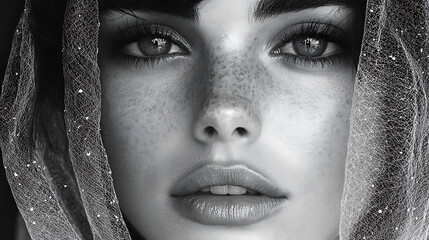 Monochrome Portrait of a Young Woman with Freckles, Partially Veiled