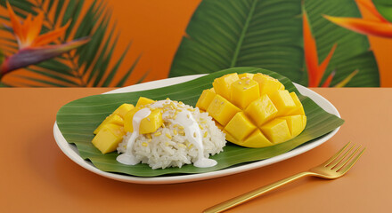 ''Mango Sticky Rice Served on a Banana Leaf with Tropical Background, Vibrant Orange and Green Palette, Exotic Floral Decor, Cu...