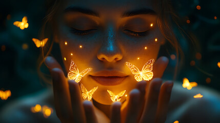 Enchanting Woman with Glowing Butterflies on Her Face