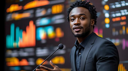 Confident Young African American Businessman Giving a Presentation with Data Visualization on Screen