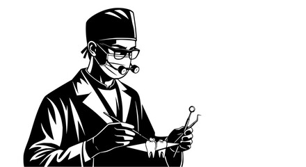 Dentist in surgical cap and mask examines teeth with dental tools in a black and white illustration