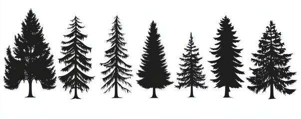 Obraz premium A flat black template is used for the modern set of a pinetree forest silhouette with oak trees