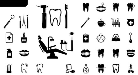 Illustration showing various dental related icons including teeth tools chair and other dental equipment